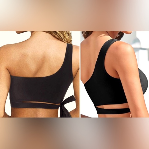 SIDE TIE SWIM TOP black One Shoulder bikini bathing suit top (only) sizeL NEW - Picture 8 of 8